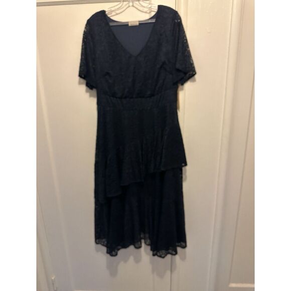 Kiyonna Dress 1X Navy Blue Floral Lace Wrap Midi Cocktail Evening Romantic NEW - Picture 1 of 5